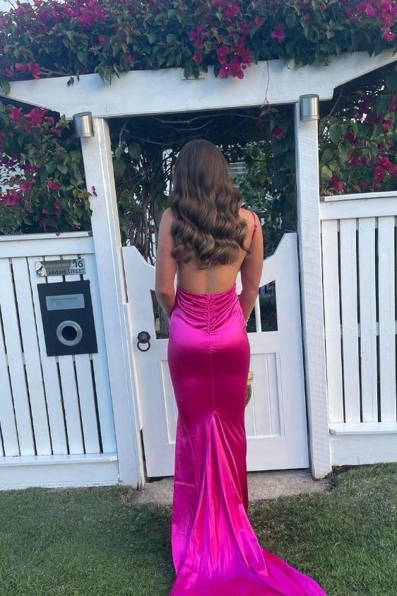 Weitese Sleeveless Spaghetti Straps Fuchsia Plunge V Neck Satin Mermaid Party Dress Prom Dress Prom Dresses Stores